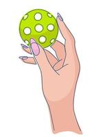 Bright illustration female hand holding colorful pickleball ball isolated on white background. Perfect for use in sports designs, digital content vector