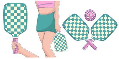 Pickleball set hand holding racket, silhouette of girl player, two rackets crossed over each other isolated on white background. Perfect for sports prints, branding, social media or product design vector