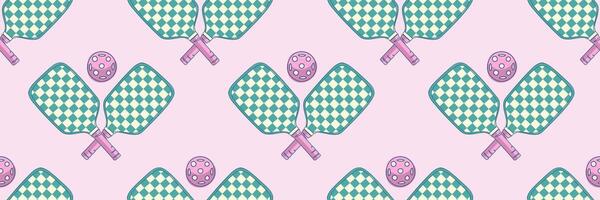 Seamless pattern with turquoise pickleball rackets and balls on soft pink background. Great for textile prints, gift wrapping, wallpaper or background vector