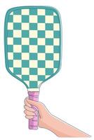 Woman's hand holds vertical colorful pickleball racket Isolated on white background, perfect for icons, prints, or web graphics vector