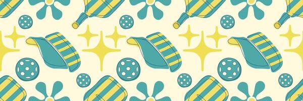 Seamless pattern in retro style with pickleball paddles, balls, and stars in green colors on light background. Perfect for fabric, stationery, branding, or sports packaging vector