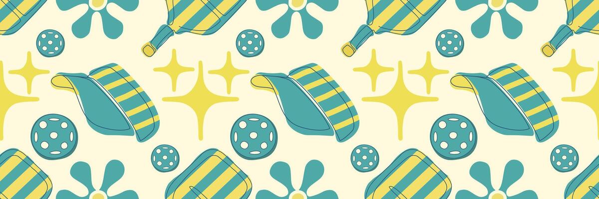 Seamless pattern in retro style with pickleball paddles, balls, and stars in green colors on light background. Perfect for fabric, stationery, branding, or sports packaging