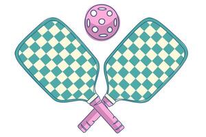 Two bright pickleball rackets crossed over each other with print of green and white squares, with pink ball on top on white background vector