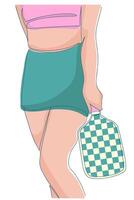 Girl in green sports skirt holds bright racket in her lowered hand. Hand-drawn minimalistic illustration and isolated on white backgroun vector