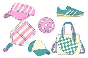 Set of pickleball elements, ball, racket, sneakers, cap, bag in green and pink colors, isolated on white background for sports prints, branding, social media or product design vector