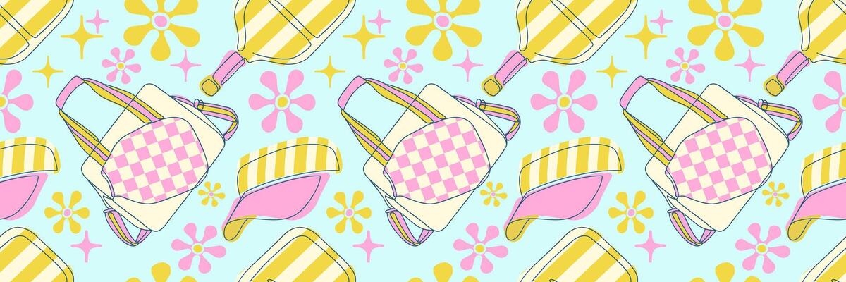 Seamless retro-style pattern featuring pickleball paddles, caps, bags, and flowers in pastel colors on a light blue background. Ideal for fabric, stationery, branding, or sporty packaging