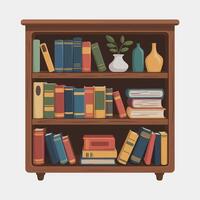 Organized Wooden Shelf with Literature and Ornaments vector