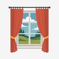 Minimalist Window Scene with Drapes and Scenery vector