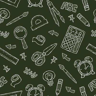 Chalkboard doodle back to school seamless pattern. Repeating educational background with school supplies. Calculator, scissors, magnifying glass, alarm clock. Green background, white chalk elements.