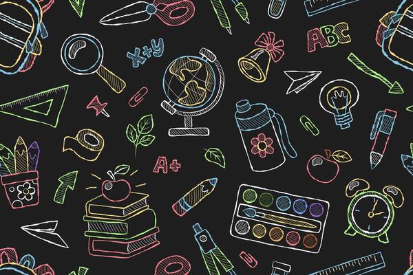 Chalk doodle back to school seamless pattern. Repeating background with school supplies. Backpack, globe, bell, books, books and other supplies. Black background, color elements.