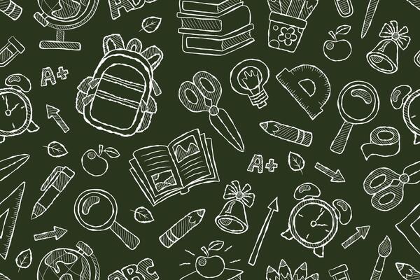 Chalkboard doodle back to school seamless pattern. Repeating educational background with backpack, books, magnifying glass and other school supplies. Green background with white chalk elements.