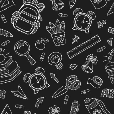 Chalk doodle back to school seamless pattern. Repeating childrens background with school supplies. Backpack, scissors, pencils, ruler and more. Black background with white chalk elements.