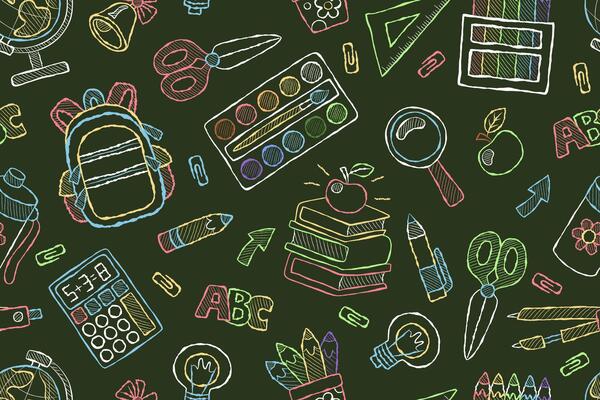 Chalkboard doodle back to school seamless pattern. Repeating educational background with school supplies. Green background with colorful chalk elements.