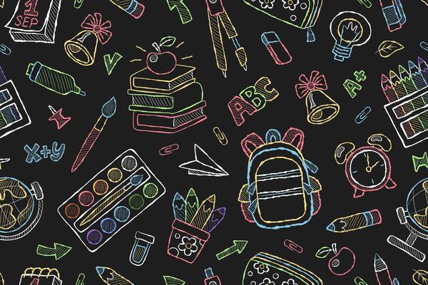 Chalk doodle back to school seamless pattern. Repeating background with school and creative supplies. Paints, backpack, books, stationery and school supplies. Black background with color elements.