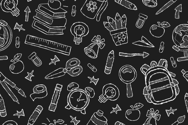 Chalkboard doodle back to school seamless pattern. Repeating educational background with backpack, pencils, scissors and other school supplies. Black background with white chalk elements.
