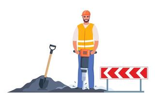 Construction worker with tools and sign vector