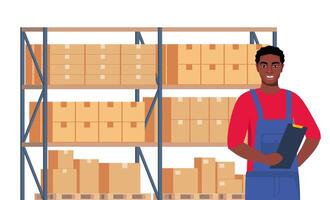 Warehouse worker with inventory boxes vector