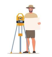 Surveyor with surveying equipment and map vector