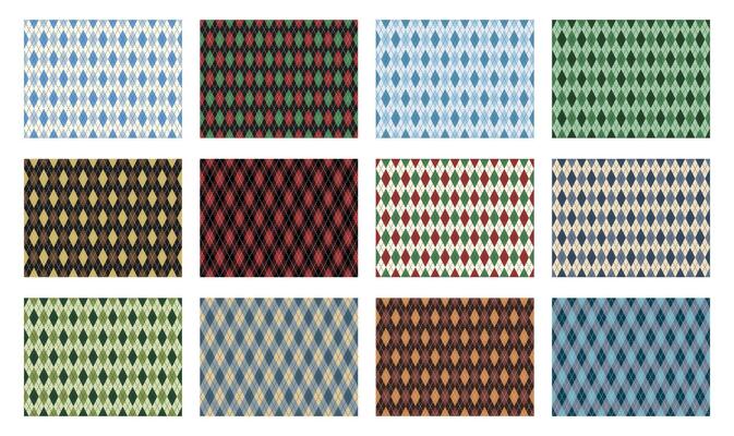 Seamless argyle pattern collection with traditional diamond shapes, cross-stitch lines and vintage color palettes. Perfect for textile, clothing, wrapping paper and other design.