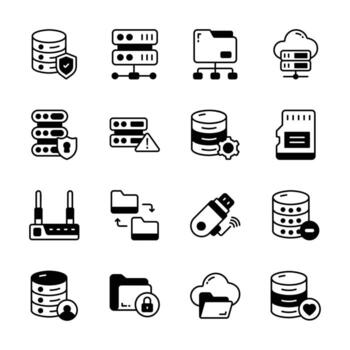 Get this latest bundle of database and storage glyph style icons vector