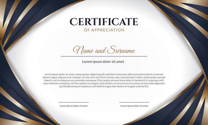 Certificate template design, modern abstract design in blue and gold on white background.