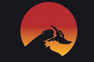 Wolf head silhouette against red sunset circle. illustration. vector