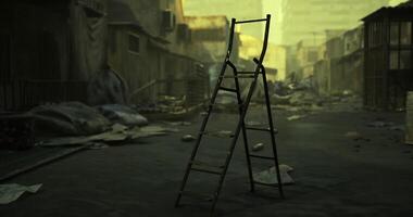 CGI a solitary ladder standing upright amidst rubble and debris in a desolate, abandoned urban environment. video