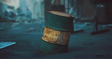 Surreal CGI A rusty barrel stands prominently in the foreground. video
