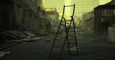 CGI a solitary ladder standing upright amidst rubble and debris in a desolate urban environment. video