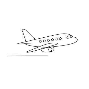 A simple line drawing of an airplane taking off with visible windows and landing gear down vector