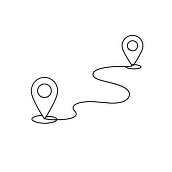 A simple line drawing of a route with two location markers on a white background art design vector