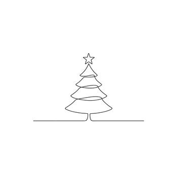 A simple line drawing of a christmas tree with a star on top against a white background space vector