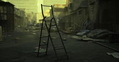 CGI a solitary ladder standing upright amidst rubble and debris in a abandoned urban environment. video
