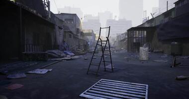 Surreal CGI a solitary ladder standing upright amidst rubble and debris in a desolate, abandoned urban environment. video