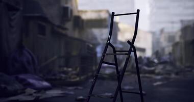 Closeup CGI a solitary ladder standing upright amidst rubble and debris in a desolate, abandoned urban environment. video
