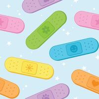 Cute bandaid seamless pattern. Colorful cartoon graphic plaster background with smiley face, flower, heart, paw, star, and sun. Kids, pediatrics, medical industry pastel adhesive bandages. vector