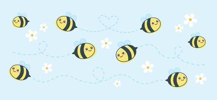 Cute cartoon flying bees illustration. Kawaii bees in spring with flowers nature graphic. Isolated elements. vector