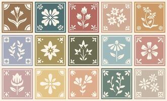Hand drawn vintage floral tile illustration. Botanical folk art in earth tones. Spring garden block print for wall art, stationery, fabric, home decor, and branding. Isolated elements. vector