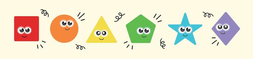 Cute shapes illustrations. Colorful cartoon smiling character set with square, circle, triangle, pentagon, star, diamond. Kids, classroom, learning, educational graphics. Isolated elements. vector