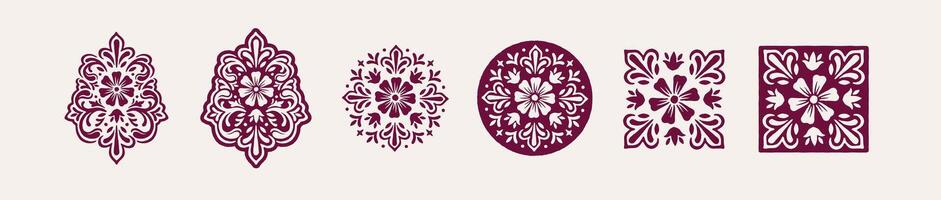Floral ornamental motifs. Elegant hand drawn decorative illustration set. Radial pattern, tile, symbol, flourishes in traditional style. Isolated elements. vector