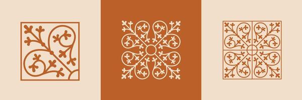 Elegant vintage ornamental tiles. Terracotta decorative botanical motif design for packaging, wallpaper, stationery, surface prints, and decor. Isolated elements. vector