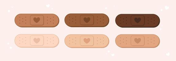 Cute skin tone bandaid illustrations. Inclusive cartoon graphic bandage set with hearts. Kids, pediatrics, healthcare, medical industry adhesive plaster. Isolated elements. vector