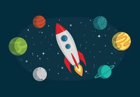 Space rocket illustration. Colorful cartoon spaceship flying through outer space with planets, stars, and galaxy. Fun astronomy art for kids, stickers, and posters. Isolated elements. vector