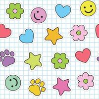 Cute stickers seamless pattern. Colorful cartoon graphic smiley face, flower, heart, paw, and star pattern on separate grid background pattern. For kids, school, pediatrics, daycare. vector