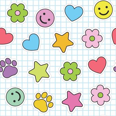 Cute stickers seamless pattern. Colorful cartoon graphic smiley face, flower, heart, paw, and star pattern on separate grid background pattern. For kids, school, pediatrics, daycare.