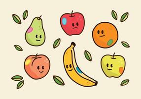 Cute hand drawn fruit characters. Apples, banana, orange, pear, and peach illustrations with leaves. Whimsical kawaii food art with faces. Isolated elements. vector