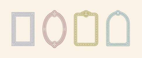 Vintage ornamental frame set. Decorative trendy hand drawn borders in muted pastel colors. Regency, victorian, antique style with floral details. Tea party, wedding, invites. Isolated elements. vector