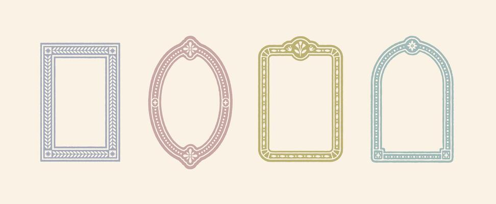 Vintage ornamental frame set. Decorative trendy hand drawn borders in muted pastel colors. Regency, victorian, antique style with floral details. Tea party, wedding, invites. Isolated elements.