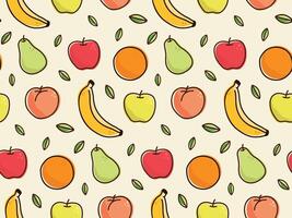 Fruit illustration seamless pattern. Apples, banana, orange, pear, and peach modern drawings with leaves. Fresh, healthy, vegetarian, food art for wallpaper, backgrounds. vector