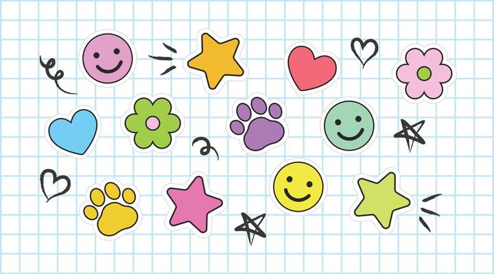 Cute bandaid illustrations. Colorful cartoon graphic bandage set with smiley face, flower, heart, paw, star, and sun. Kids, pediatrics, medical industry adhesive plaster. Isolated elements.